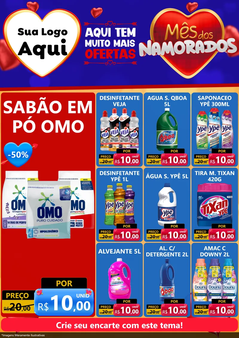Modelo de Encarte para Encarte A4 Vertical com o tema Mês dos Namorados para Produtos de Limpeza