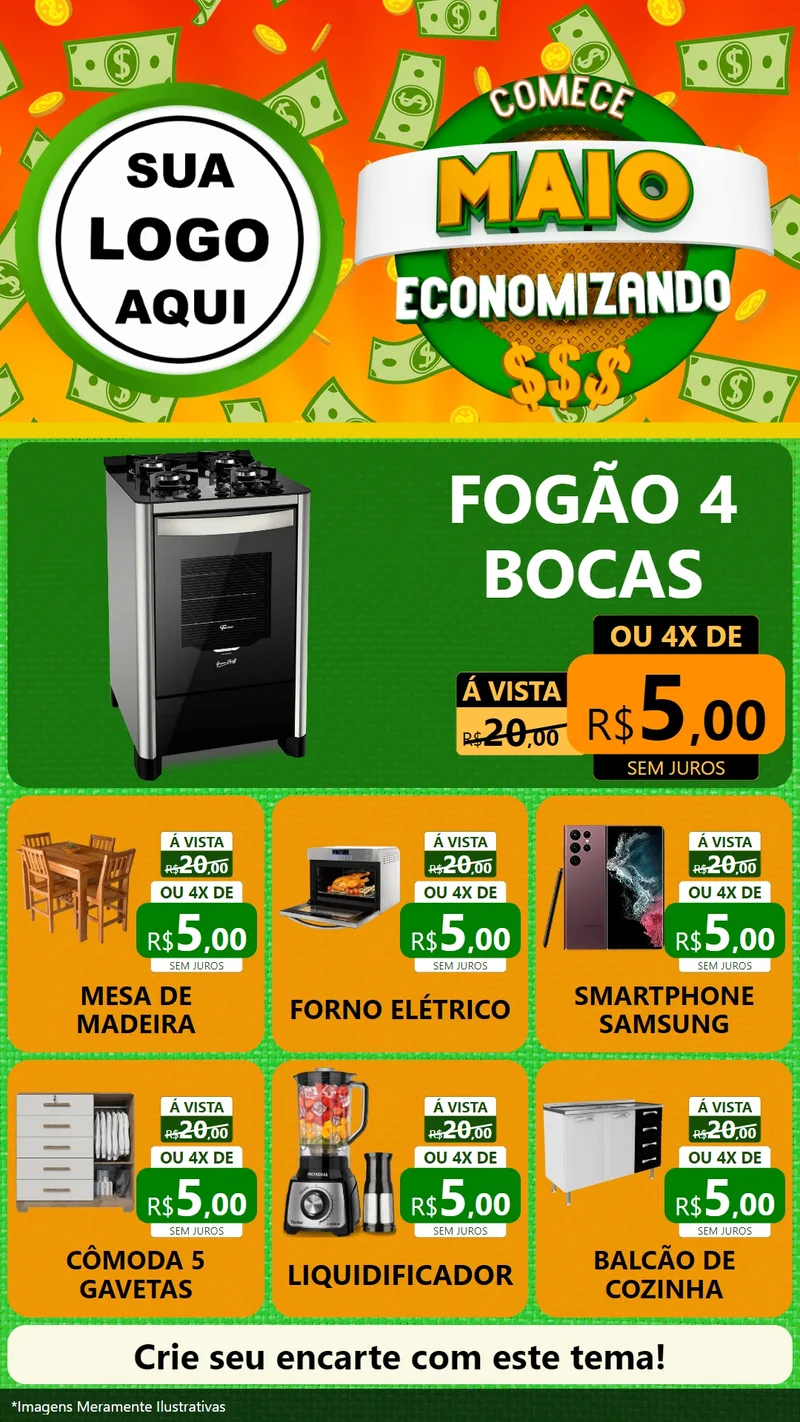 Modelo de Rede Social para Stories com o tema Comece Maio Economizando para Móveis e Eletro