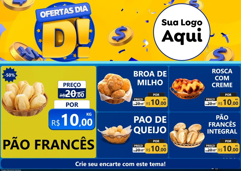 Modelo de Encarte para Encarte A4 Horizontal com o tema Ofertas Dia D para Padaria