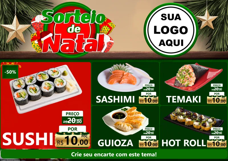 Modelo de Encarte para Encarte A4 Horizontal com o tema Sorteio de Natal para Comida japonesa