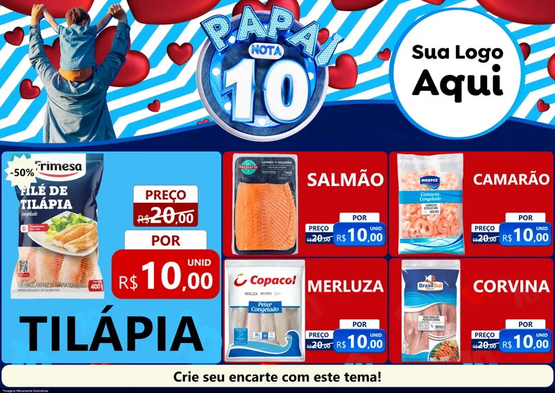 Modelo de Encarte para Encarte A4 Horizontal com o tema Papai Nota 10 para Peixaria