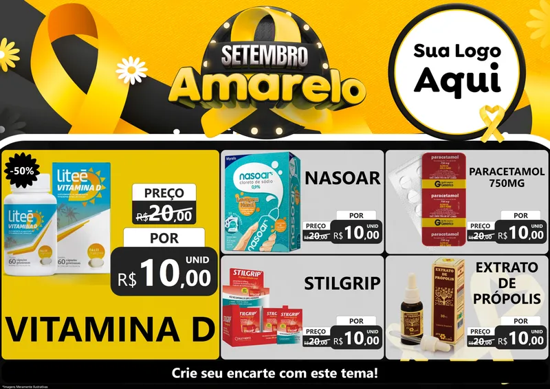 Modelo de Encarte para Encarte A4 Horizontal com o tema Setembro Amarelo para Farmácia