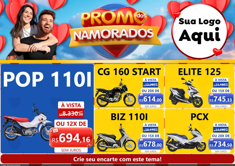 Modelo de Encarte para Encarte A4 Horizontal com o tema Promo dos Namorados para Concessionaria de Motos