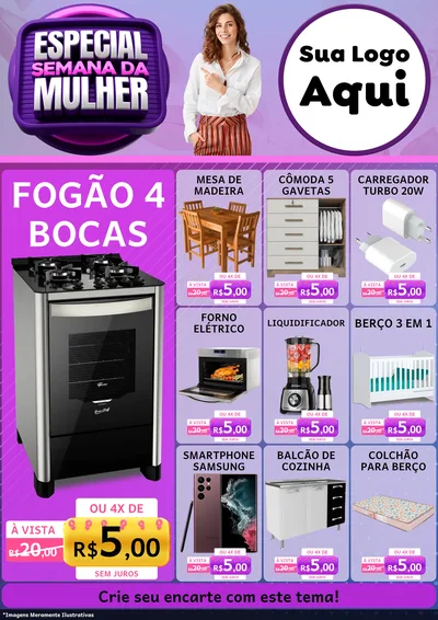 Modelo de Encarte para Encarte A4 Vertical com o tema Especial Semana da Mulher para Móveis e Eletro