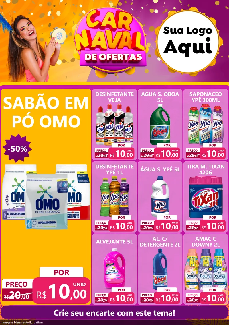 Modelo de Encarte para Encarte A4 Vertical com o tema Carnaval de Ofertas para Produtos de Limpeza