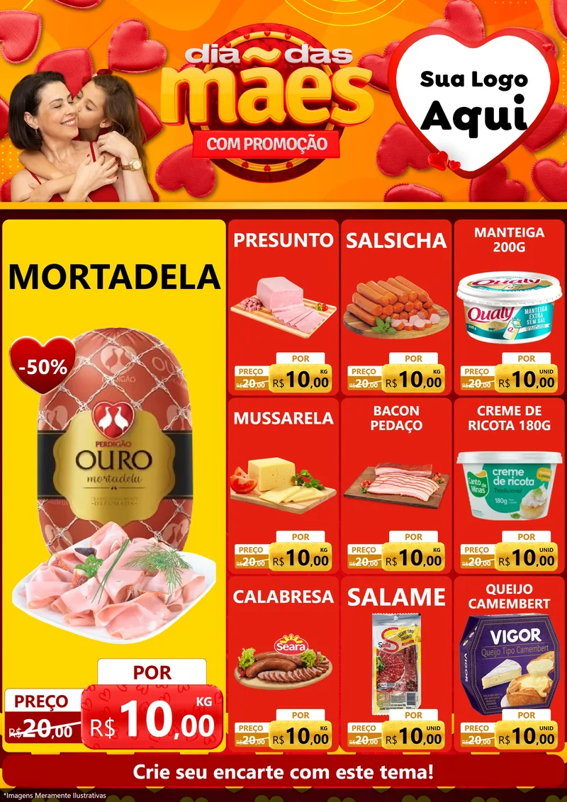 Modelo de Encarte para Encarte A4 Vertical com o tema Dia das Mães com Promoção para Frios e Laticínios