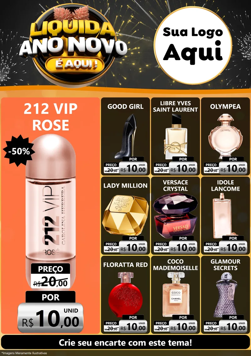 Modelo de Encarte para Encarte A4 Vertical com o tema Liquida Ano Novo É Aqui! para Perfumes