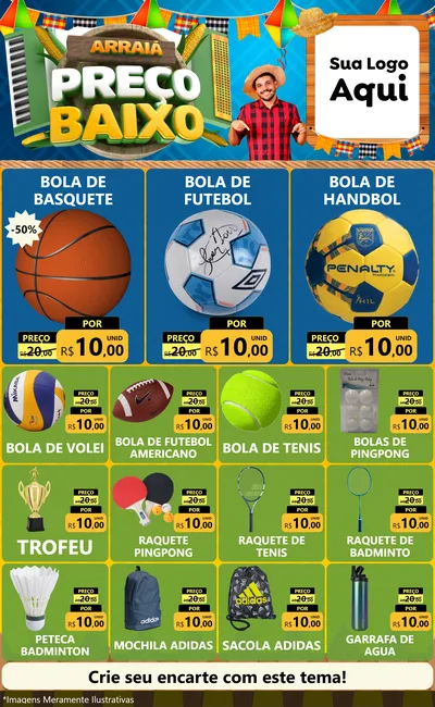 Modelo de Encarte para Encarte Grande com o tema Arraiá de Preço Baixo - Junina para Artigos Esportivos
