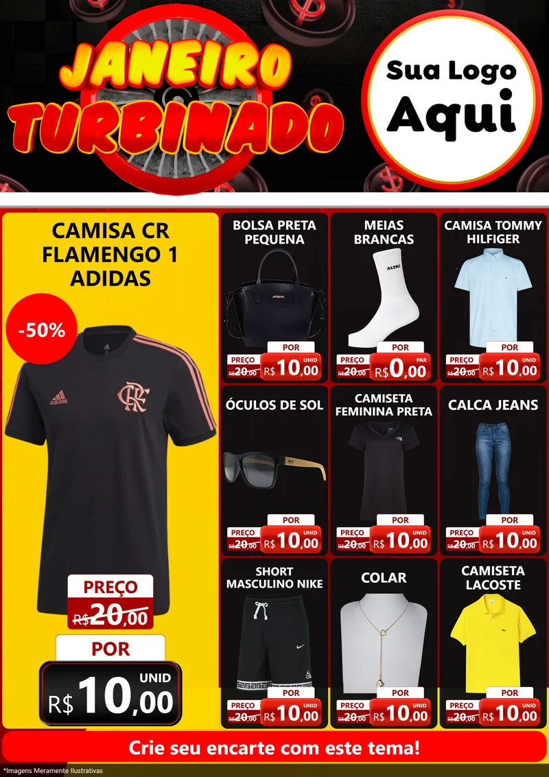 Modelo de Encarte para Encarte A4 Vertical com o tema Janeiro Turbinado para Roupas e acessórios
