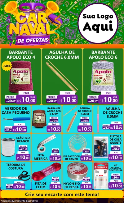 Modelo de Encarte para Encarte Grande com o tema Carnaval de Ofertas para Armarinho e Aviamentos