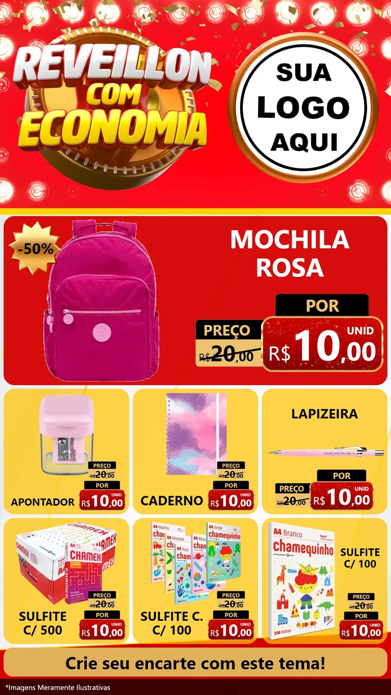 Modelo de Rede Social para Stories com o tema Réveillon com Economia para Papelaria