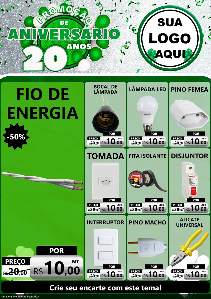 Modelo de Encarte para Encarte A4 Vertical com o tema Promoção de Aniversário - 20 Anos para Materiais Elétricos