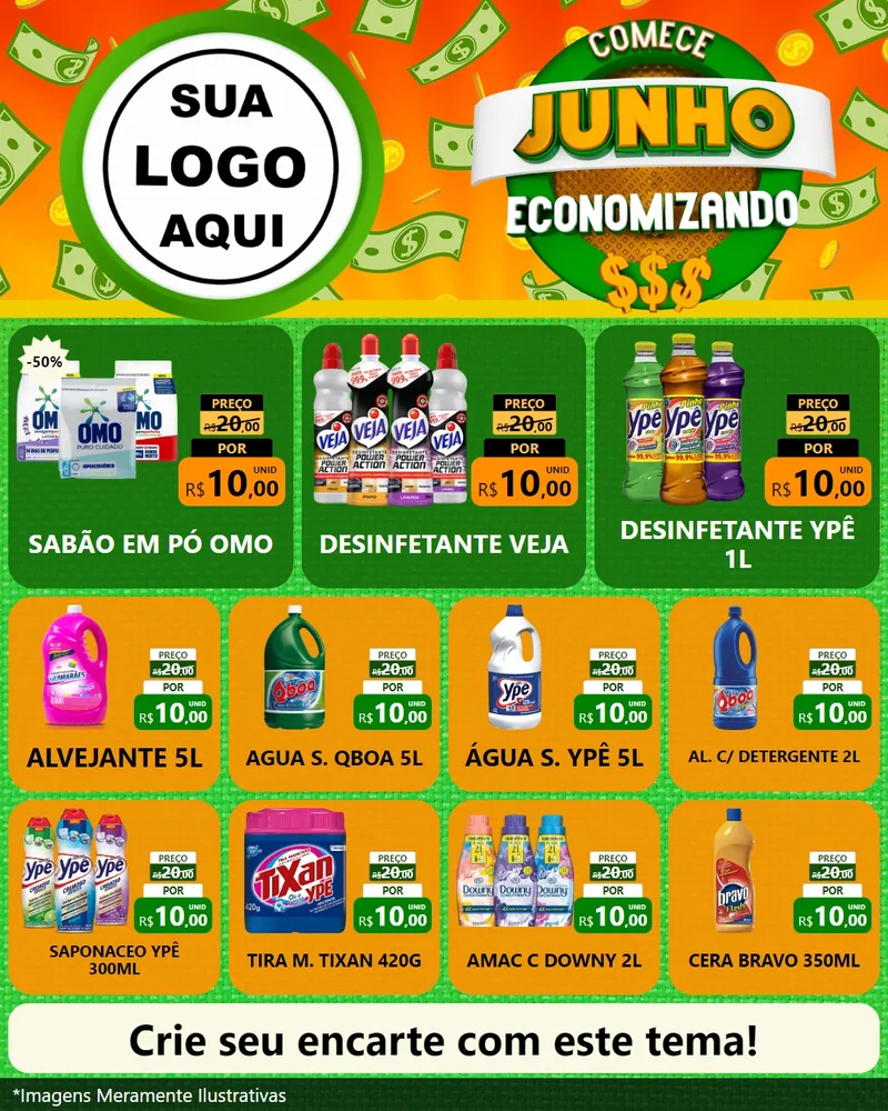 Modelo de Rede Social para Feed Instagram com o tema Comece Junho Economizando para Produtos de Limpeza