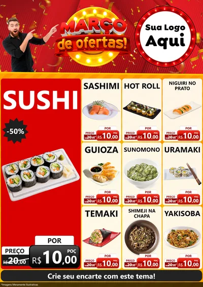 Modelo de Encarte para Encarte A4 Vertical com o tema Março de Ofertas! para Comida japonesa