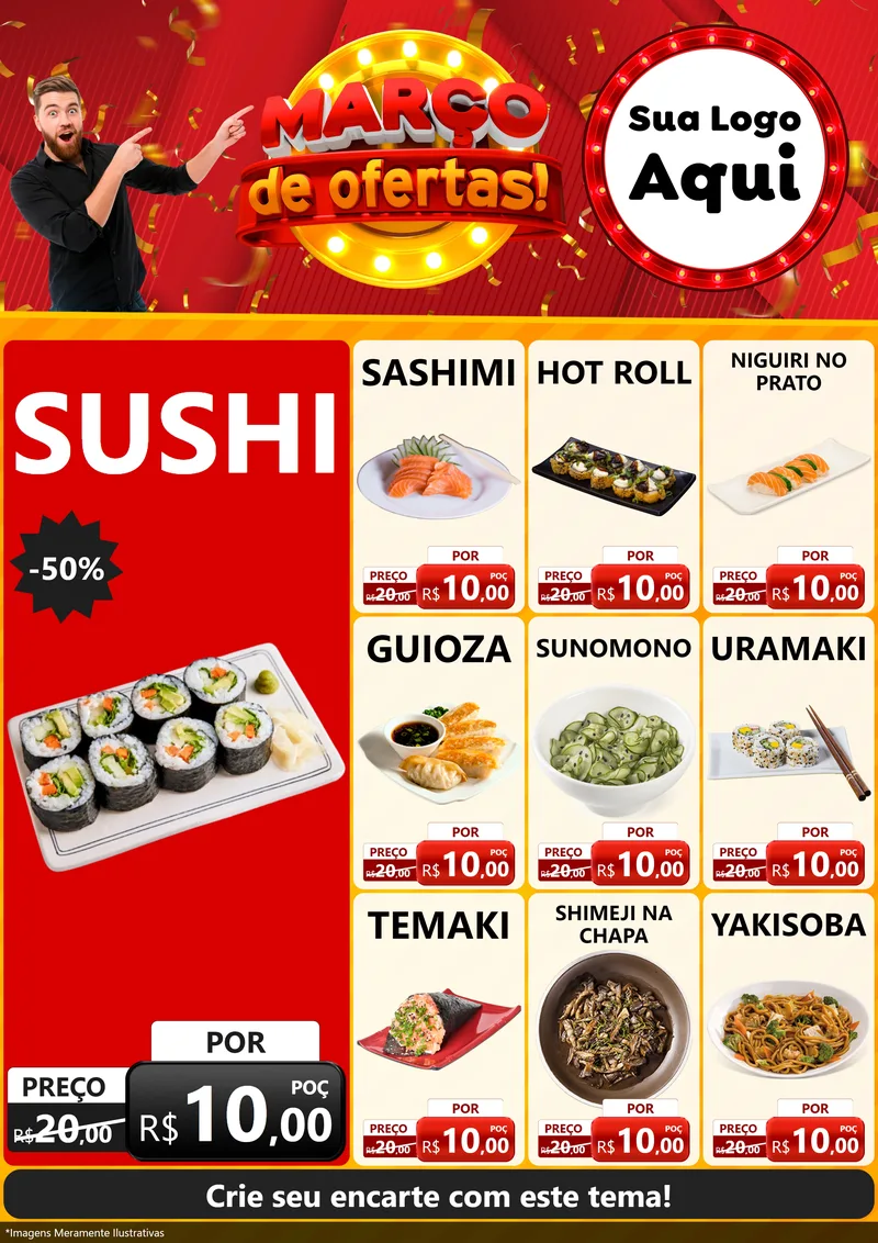 Modelo de Encarte para Encarte A4 Vertical com o tema Março de Ofertas! para Comida japonesa