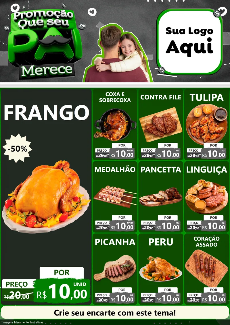 Modelo de Encarte para Encarte A4 Vertical com o tema Promoção Que seu Pai Merece para Assados