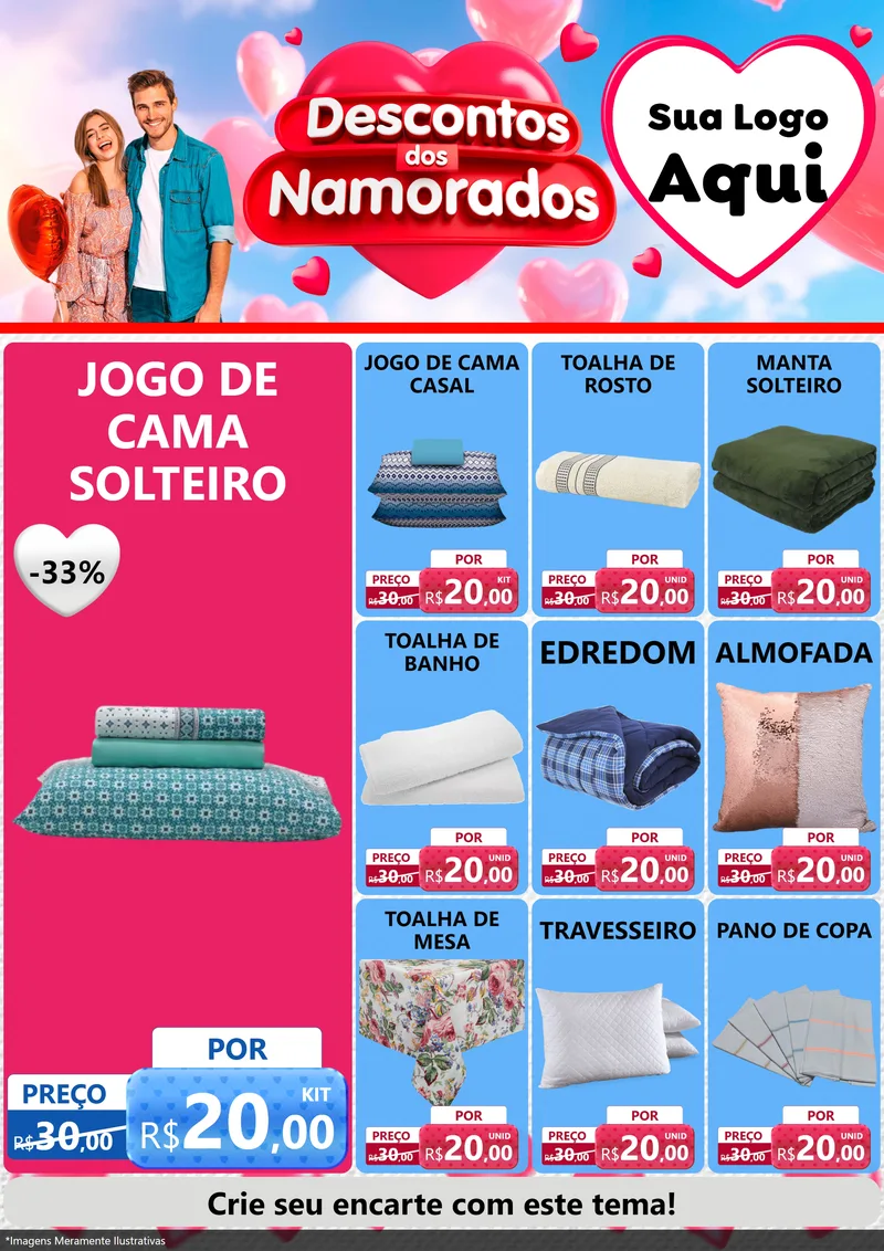 Modelo de Encarte para Encarte A4 Vertical com o tema Descontos dos Namorados para Cama, Mesa e Banho