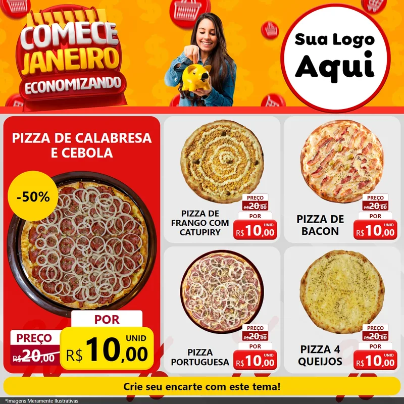 Modelo de Rede Social para Feed Facebook com o tema Comece Janeiro Economizando para Pizzaria