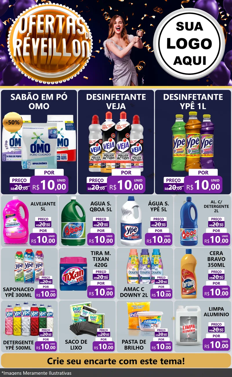 Modelo de Encarte para Encarte Grande com o tema Ofertas de Réveillon para Produtos de Limpeza