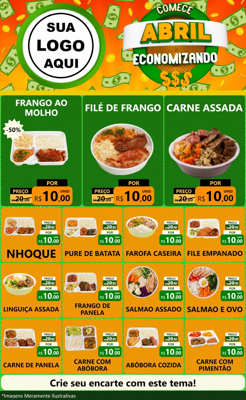 Modelo de Encarte para Encarte Grande com o tema Comece Abril Economizando para Restaurante