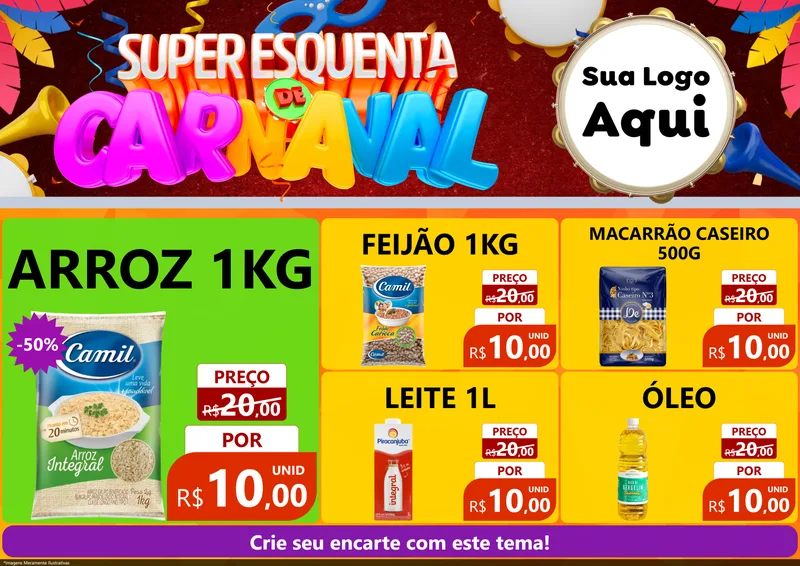 Modelo de Encarte para Encarte A4 Horizontal com o tema Super Esquenta de Carnaval para Supermercado