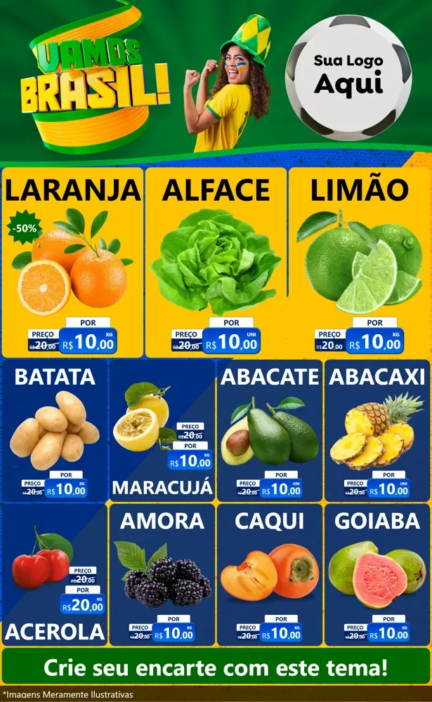 Modelo de Encarte para Encarte Grande com o tema Vamos Brasil - Copa para Hortifrúti