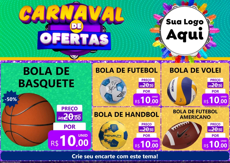 Modelo de Encarte para Encarte A4 Horizontal com o tema Carnaval de Ofertas para Artigos Esportivos