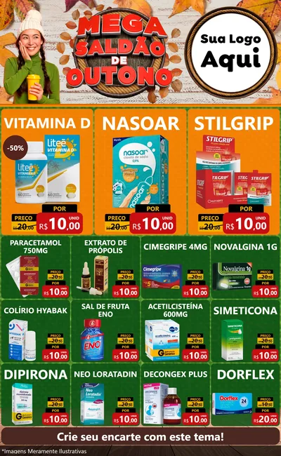Modelo de Encarte para Encarte Grande com o tema Mega Saldão de Outono para Farmácia