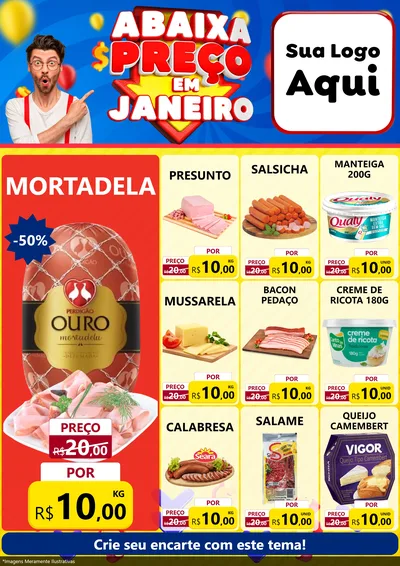Modelo de Encarte para Encarte A4 Vertical com o tema Abaixa Preço em Janeiro para Frios e Laticínios