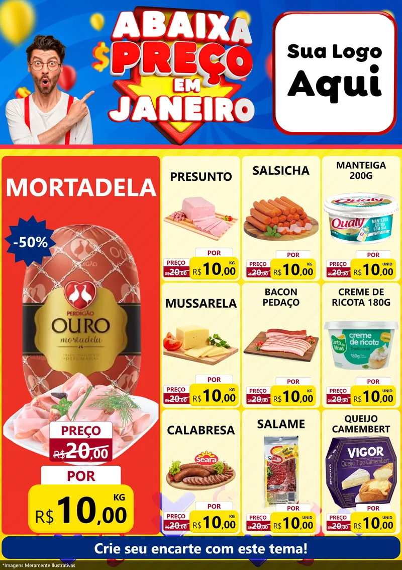 Modelo de Encarte para Encarte A4 Vertical com o tema Abaixa Preço em Janeiro para Frios e Laticínios