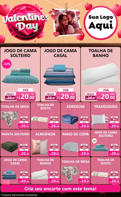 Modelo de Encarte para Encarte Grande com o tema Valentine's Day para Cama, Mesa e Banho