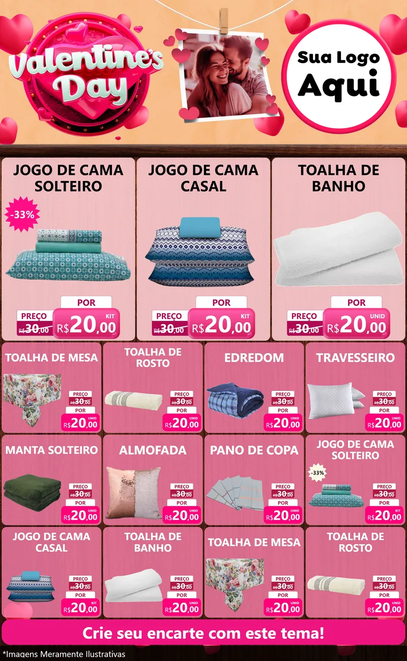 Modelo de Encarte para Encarte Grande com o tema Valentine's Day para Cama, Mesa e Banho