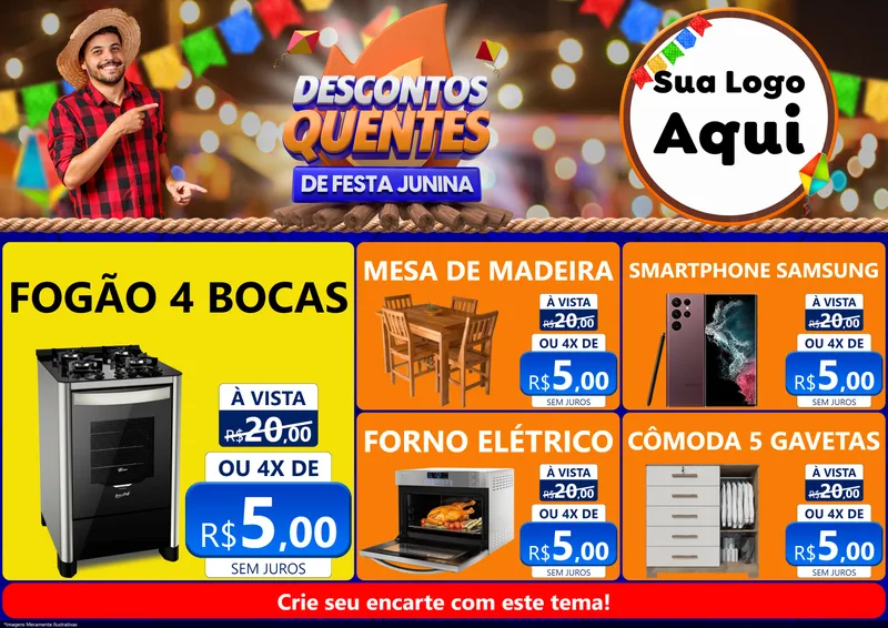 Modelo de Encarte para Encarte A4 Horizontal com o tema Descontos Quentes de Festa Junina para Móveis e Eletro