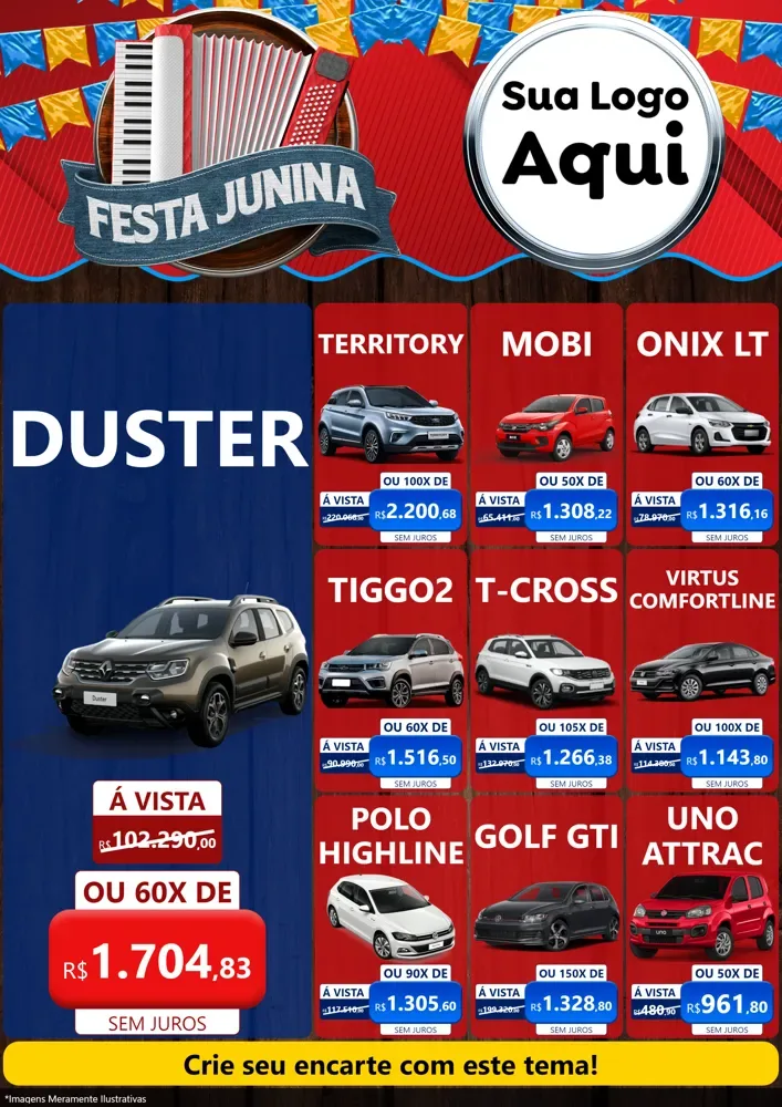Modelo de Encarte para Encarte A4 Vertical com o tema Festa Junina para Concessionaria de Carros