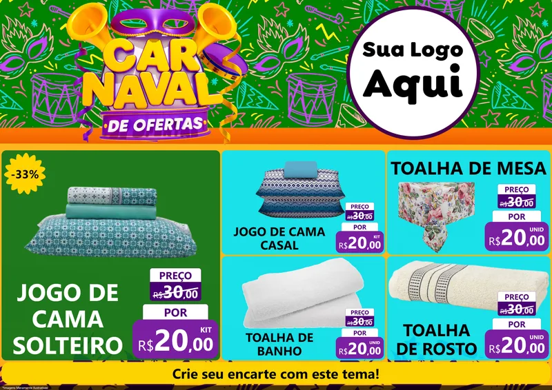 Modelo de Encarte para Encarte A4 Horizontal com o tema Carnaval de Ofertas para Cama, Mesa e Banho