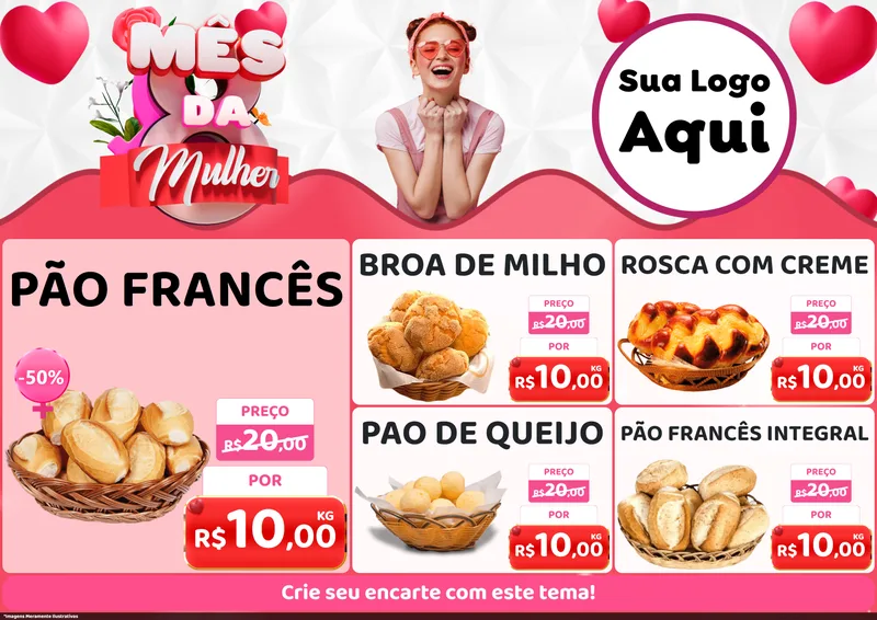 Modelo de Encarte para Encarte A4 Horizontal com o tema Mês da Mulher para Padaria