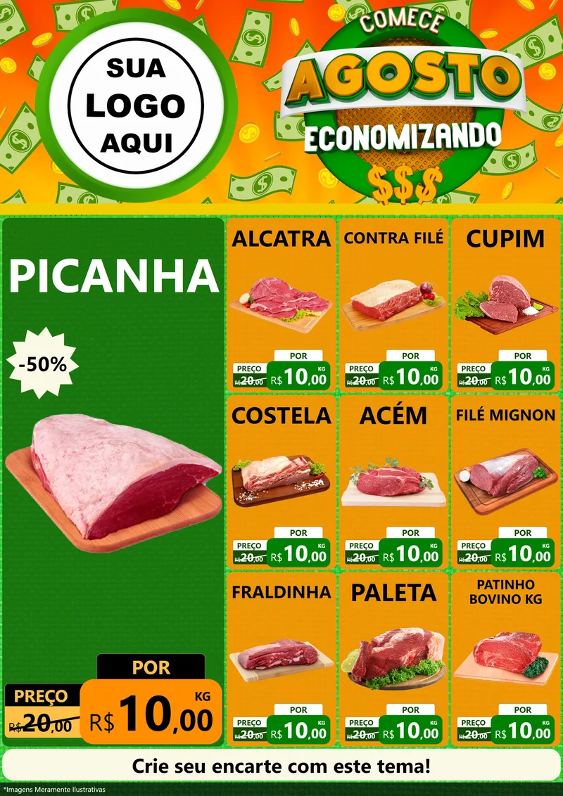 Modelo de Encarte para Encarte A4 Vertical com o tema Comece Agosto Economizando para Açougue