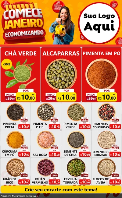 Modelo de Encarte para Encarte Grande com o tema Comece Janeiro Economizando para Produtos Naturais