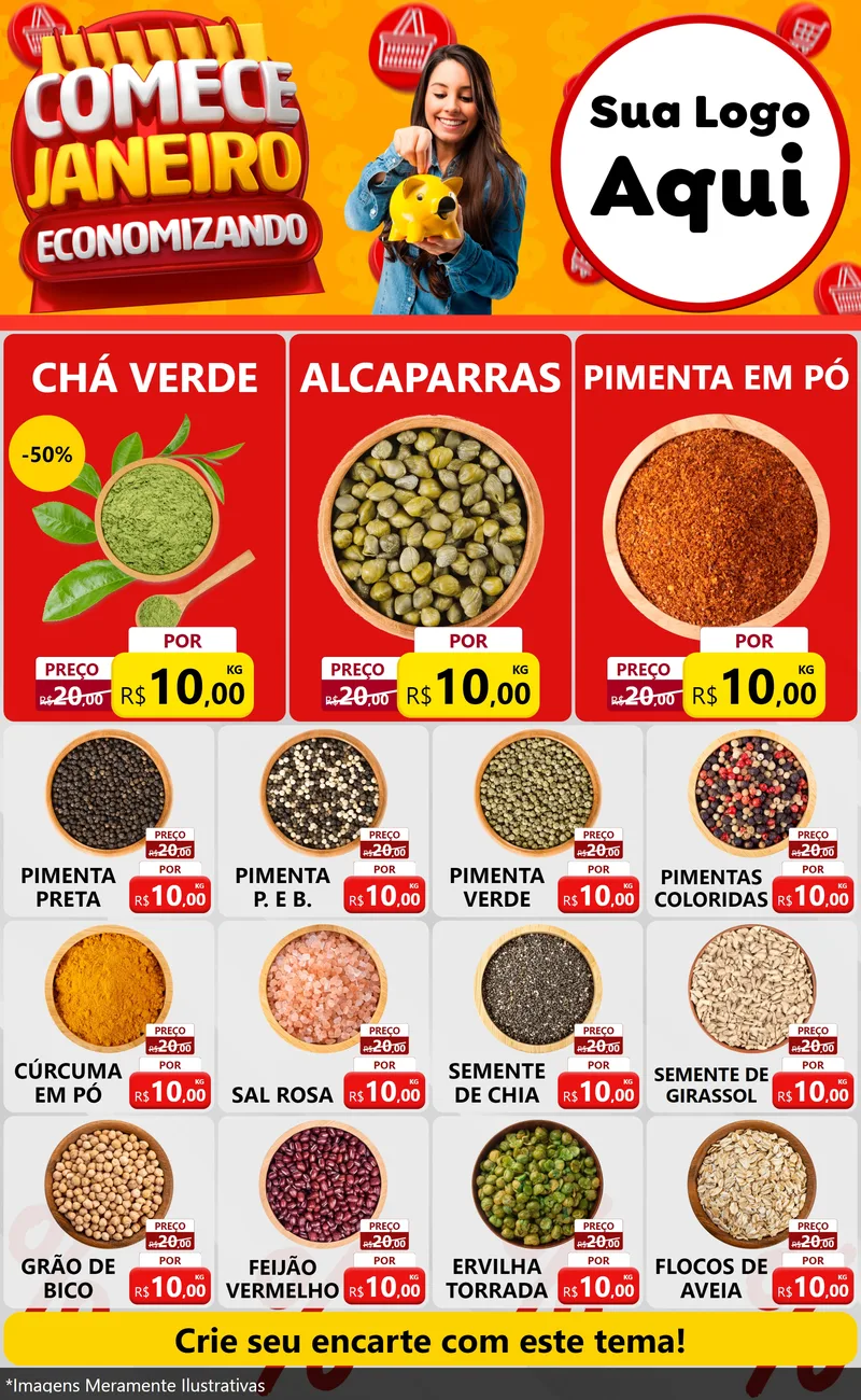 Modelo de Encarte para Encarte Grande com o tema Comece Janeiro Economizando para Produtos Naturais