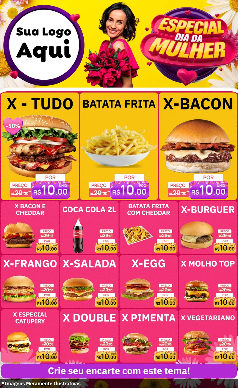 Modelo de Encarte para Encarte Grande com o tema Especial Dia da Mulher para Hamburgueria