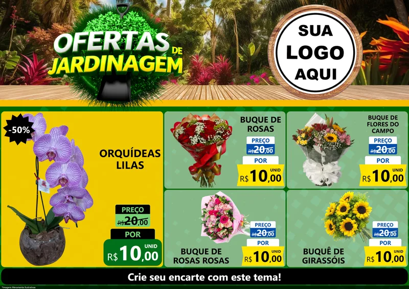 Modelo de Encarte para Encarte A4 Horizontal com o tema Ofertas de Jardinagem para Floricultura e jardim