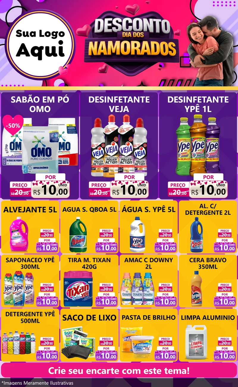 Modelo de Encarte para Encarte Grande com o tema Desconto Dia dos Namorados para Produtos de Limpeza