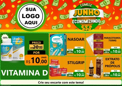 Modelo de Encarte para Encarte A4 Horizontal com o tema Comece Junho Economizando para Farmácia