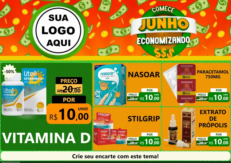 Modelo de Encarte para Encarte A4 Horizontal com o tema Comece Junho Economizando para Farmácia