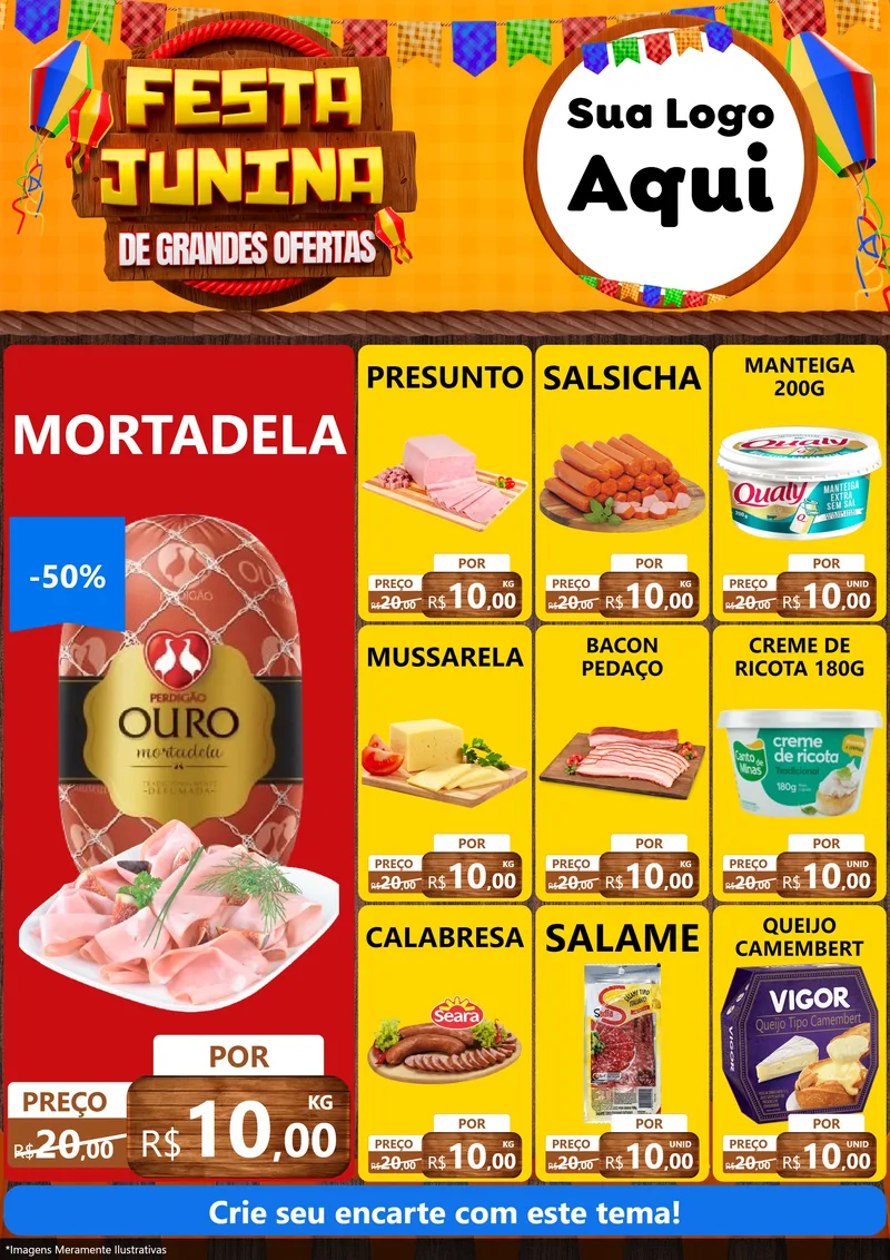 Modelo de Encarte para Encarte A4 Vertical com o tema Festa Junina de Grandes Ofertas para Frios e Laticínios