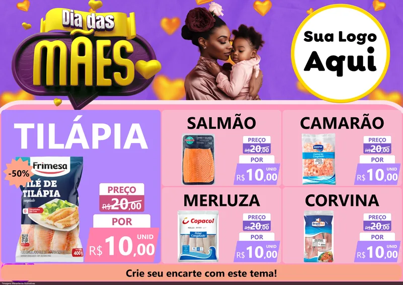 Modelo de Encarte para Encarte A4 Horizontal com o tema Dia das Mães para Peixaria