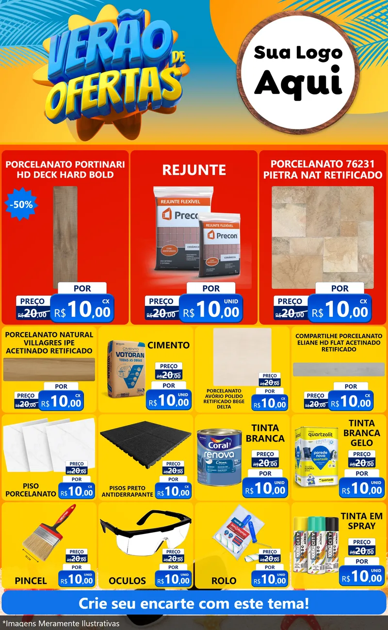 Modelo de Encarte para Encarte Grande com o tema Verão de Ofertas para Pisos e revestimentos