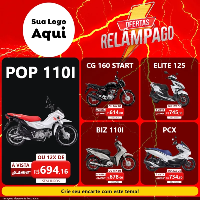 Modelo de Rede Social para Feed Facebook com o tema Ofertas Relâmpago para Concessionaria de Motos