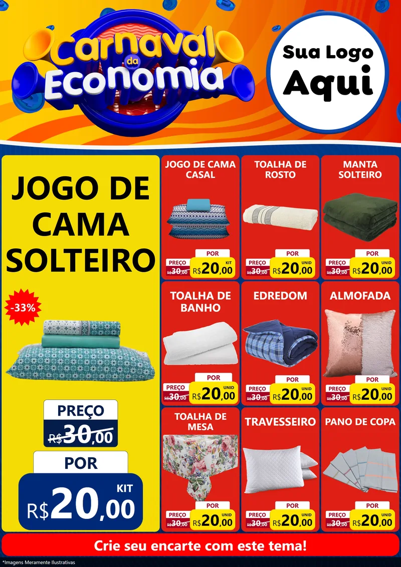 Modelo de Encarte para Encarte A4 Vertical com o tema Carnaval da Economia para Cama, Mesa e Banho