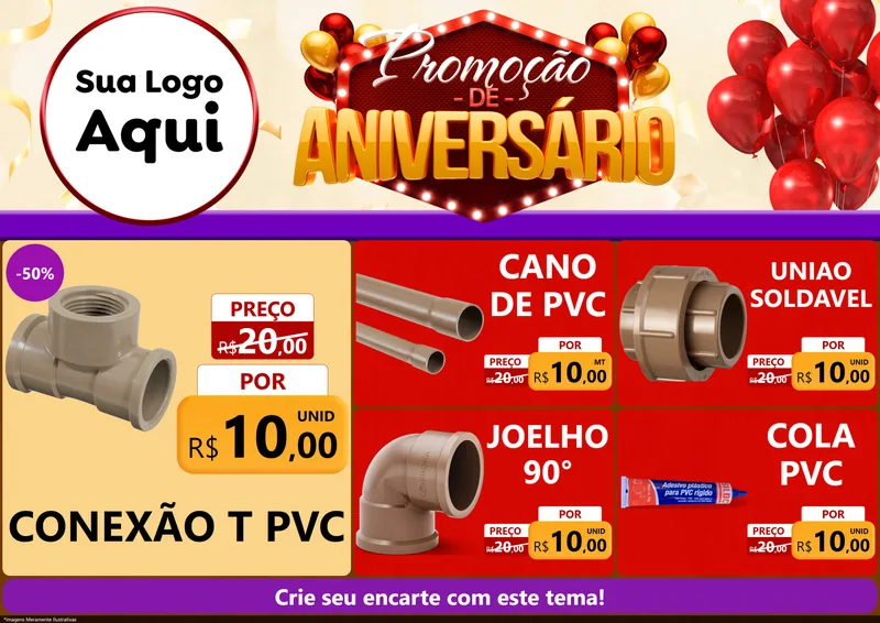 Modelo de Encarte para Encarte A4 Horizontal com o tema Promoção de Aniversário para Tubos e conexões